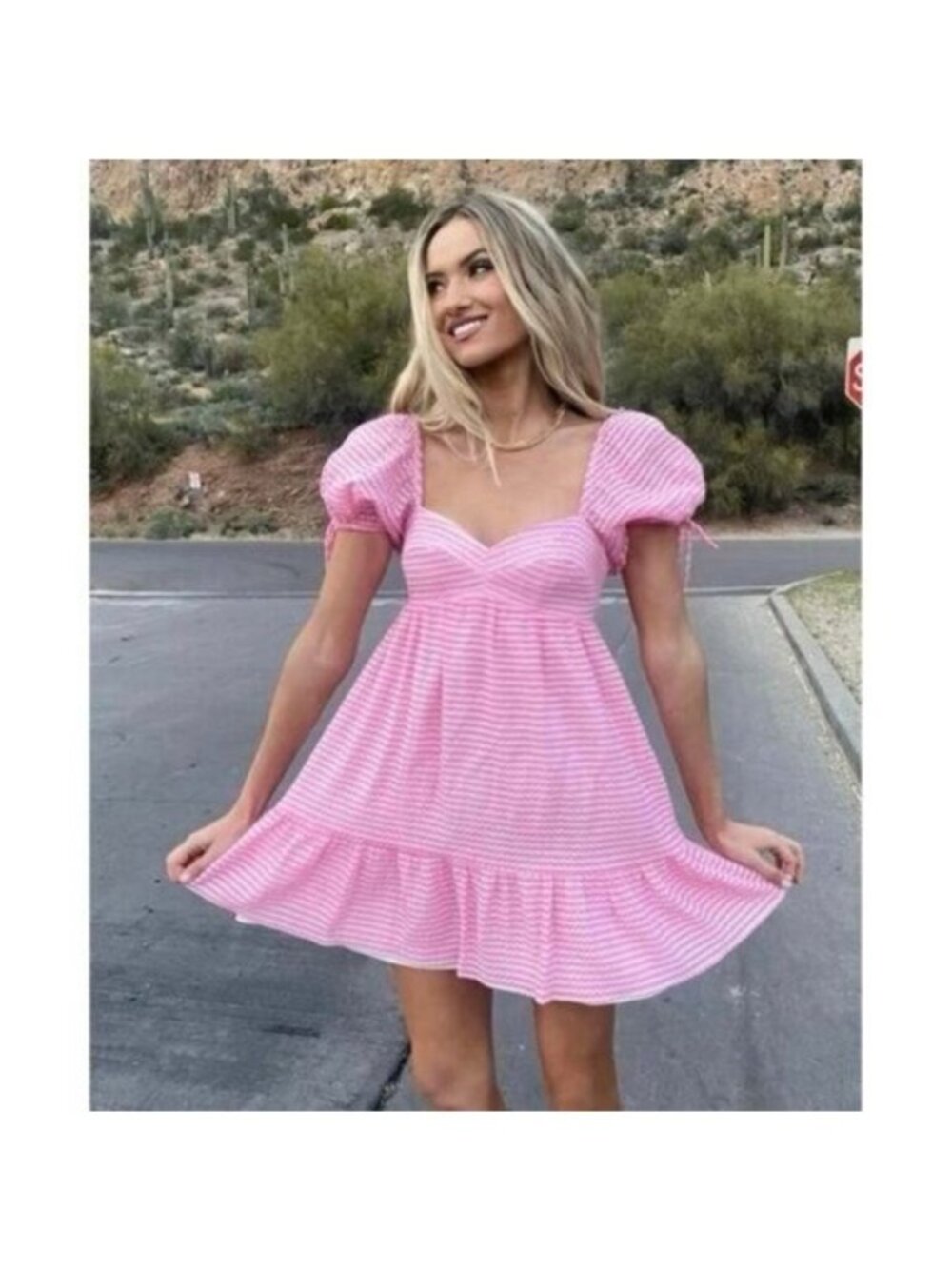 Amanda Uprichard Sicily Mini Dress L Piquette Pink White Puff Sleeve Barbiecore